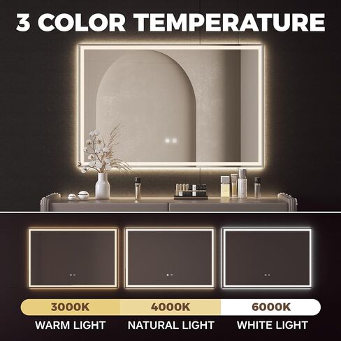 مرآة حمام LED مقاس 32 بوصة * 48 بوصة، مرآة زينة مزودة بأضواء، مضادة للضباب، قابلة للتعتيم، وظيفة الذاكرة، 3 ألوان لدرجات الحرارة in Saudi Arabia