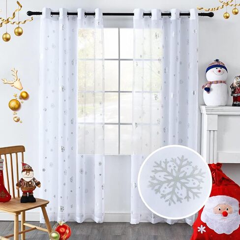 ستائر Youleyar Snowflake Christmas Voile الشفافة، طباعة رقائق فضية فاخرة، زوج معالجة برونزي معدني لتزيين نافذة العطلات، غرفة المعيشة، مجموعة من لوحتين باللون الأبيض 52Wx84L in Saudi Arabia