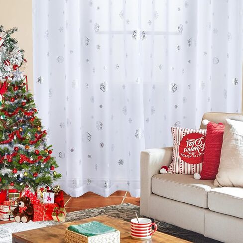 ستائر Youleyar Snowflake Christmas Voile الشفافة، طباعة رقائق فضية فاخرة، زوج معالجة برونزي معدني لتزيين نافذة العطلات، غرفة المعيشة، مجموعة من لوحتين باللون الأبيض 52Wx84L in Saudi Arabia