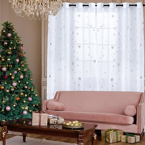 ستائر Youleyar Snowflake Christmas Voile الشفافة، طباعة رقائق فضية فاخرة، زوج معالجة برونزي معدني لتزيين نافذة العطلات، غرفة المعيشة، مجموعة من لوحتين باللون الأبيض 52Wx84L in Saudi Arabia