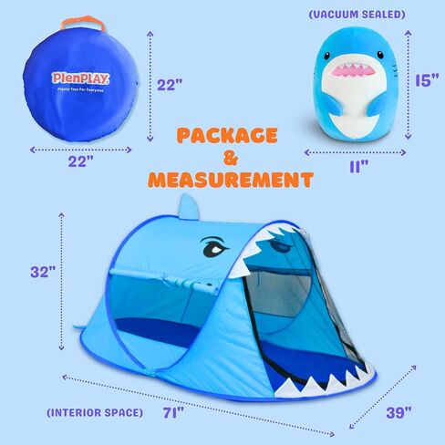 PlenPLAY Shark Adventure Pop up Kids Play Tent with Sharkun Plushie - Large Kids Play Tent Indoor Outdoor Shark Play Tent with 2 Mesh Roll up Windows (Limited Bundle with 15“ Sharkun Plushie) in Kuwait