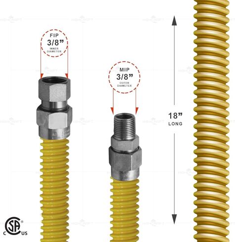 موصل غاز 18 بوصة من الفولاذ المقاوم للصدأ المطلي باللون الأصفر، موصل خرطوم غاز مرن 3/8 بوصة OD لسجل الغاز وسخان الفضاء، مع تركيبات من الفولاذ المقاوم للصدأ مقاس 3/8 بوصة FIP × 3/8 بوصة MIP، خط إمداد أجهزة الغاز مقاس 18 بوصة in Kuwait