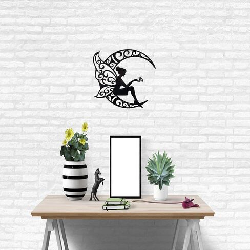 AMNGYOOK Metal Wall Art Decor, Iron Moon Fairy Wall Sculpture Black Hollow Out Wall Hanging Statue For Living Room Bedroom Home (C) in Kuwait