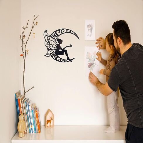 AMNGYOOK Metal Wall Art Decor, Iron Moon Fairy Wall Sculpture Black Hollow Out Wall Hanging Statue For Living Room Bedroom Home (C) in Kuwait