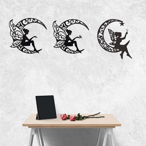 AMNGYOOK Metal Wall Art Decor, Iron Moon Fairy Wall Sculpture Black Hollow Out Wall Hanging Statue For Living Room Bedroom Home (C) in Kuwait
