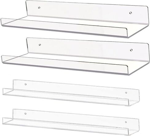 BYCY Acrylic Floating Shelves for Wall Decor Storage Kids Book Display Shelves for Living Room，Clear Floating Shelves Wall Mount for Bedroom, Bathroom, Kitchen,Office (2+4IN 4Pack Black) in Saudi Arabia