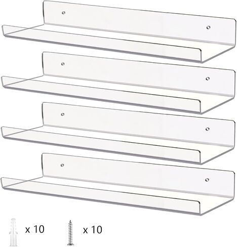 BYCY Acrylic Floating Shelves for Wall Decor Storage Kids Book Display Shelves for Living Room，Clear Floating Shelves Wall Mount for Bedroom, Bathroom, Kitchen,Office (2+4IN 4Pack Black) in Saudi Arabia