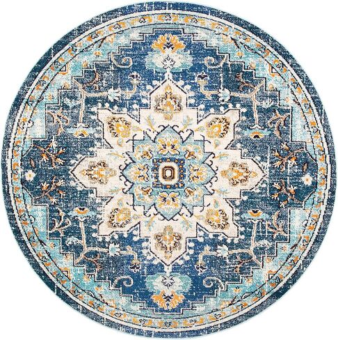 سجادة منطقة مجموعة SAFAVIEH Madison - مقاس 5 بوصات مستديرة، أزرق وأزرق فاتح، تصميم بوهو شيك ميدالية متعثرة، لا يتساقط ويسهل العناية به، مثالي للمناطق ذات حركة المرور العالية في غرفة المعيشة وغرفة النوم (MAD473M) in Saudi Arabia