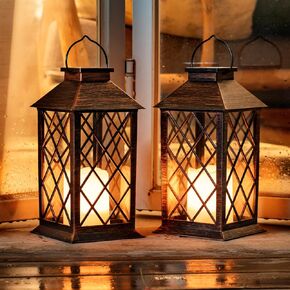 Homemory Solar Lanterns Outdoor Waterproof Hanging with Flickering Flameless Candles, 2 Pack Garden Outdoor Lantern Decorative for Patio Front Porch Backyard Balcony Cabin Outside(Antique Copper)