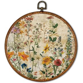 KSDUT Boho Flower Floral Wall Decor Art - Botanical Neutral Textile Wall Art Canvas Frame Hanging Prints, Vintage Landscape Wildflower Round Wall Art Decor for Home Decorations 10"x10"