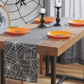 JINCHAN Halloween Decorations Table Runner for Kitchen Grey Sheer Table Cloth with Foil Silver Web Print 13 x 72 Inch Holiday Home Kitchen Dining Table Party Indoor Outdoor Decor Gray 1 Panel