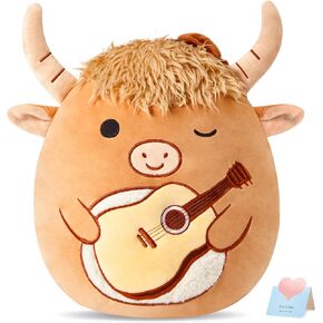 Glow Guards 12'' Scottish Highland Cow Plush Pillow Cute Highland Cow Stuffed Animal Soft Cow Plush Toy Stuffed Animals Highland Cow Birthday Gift for Boys Girls Kids,Brown Highland Cow Holding Guitar
