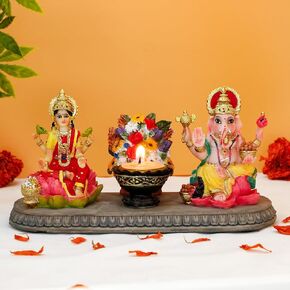 Lakshmi Ganesha Statue with Diya - 4.1" H Polystone Hindu Goddess Laxmi and Ganesa Idol for Diwali/New Year/Birthday/Wedding Gift for Indian Home Temple Mandir Altar Puja Murti Item
