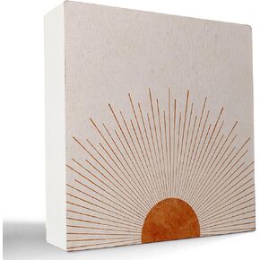 kunlisa Retro Boho Neutral Sun Sunrise Sunshine Sunray Wooden Box Sign Desk Decor,Boho Mid Century Modern Wood Block Plaque Box Sign for Bohemian Home Girls Room Living Room Wall Shelf Desk Decoration