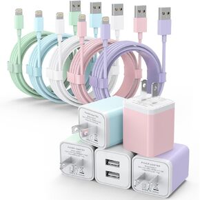 5Pack iPhone Charger, iGENJUN Dual Port USB Wall Charger Block Adapter with Long 6FT Lightning Cable Fast Charging Data Sync Cords for iPhone 14 13 12 11 Pro Max XR XS Plus-Multicolor