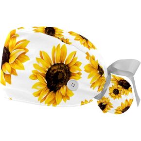 2 Pcs Working Caps with Buttons and Ribbon Tie, Sunflowers Daisy Bouffant Hats Scrub Caps Women Long Hair