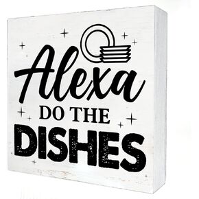 Humor Kitchen Wooden Box Sign with Saying Desk Decor 5 x 5 Inch Alexa Do the Dishes Box Sign Wood Plaque Block Sign Rustic Home Restaurant Dining Room Decor