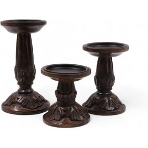 Hosley Set of 3 Dark Brown Wood Pillar Candle Holders 8 Inches 6 Inches and 4.25 Inches High Ideal for LED and Pillar Candles Gifts for Weddings Party Home Spa Reiki Aromatherapy