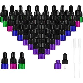 PATIKIL 2ml Glass Dropper Bottle, 60Pcs Leakproof Essential Oils Sample Liquid Perfume Container with 2 Plastic Pipettes for Storage Travel, 4 Colors