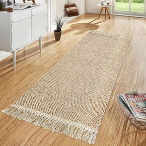Kitchen Runner Rug, 2'x 4.3' Boho Bathroom Rugs Washable Farmhouse Runner Soft Tan Cotton Reversible Entryway Rug with Tassels, Hand Woven Bedroom Carpet Hallway Mat for Laundry Room