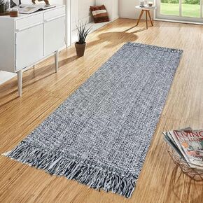 Kitchen Runner Rug, 2'x 4.3' Boho Bathroom Rugs Washable Farmhouse Runner Soft Tan Cotton Reversible Entryway Rug with Tassels, Hand Woven Bedroom Carpet Hallway Mat for Laundry Room