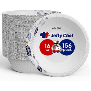 JOLLY CHEF 156 Count Paper Bowls 16 oz Soak Proof and Cut Proof Microwave Safe Heavy Duty Leaf Printed Disposable Bowls for Dinner or Lunch