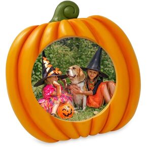 Isaac Jacobs 4x4 Pumpkin-Shaped Picture Frame For Halloween Or Fall Décor, Photo Tabletop & Wall Display Hanging Display (4x4, White with Gold)