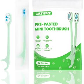 5-in-1 Travel Toothbrush Set, Prepasted Disposable Mini Toothbrushes with Toothpaste + Tongue Scrapers + Floss + Pick for Work or Travel, Individually Wrapped, Mint, 12 Pack