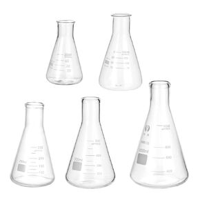 PATIKIL Erlenmeyer Flask, 5 Pcs Narrow Mouth Graduated Flasks 1000ml 500ml 250ml 150ml 50ml Borosilicate Glass with Printed Graduation for Lab Experiment Chemistry Science Study