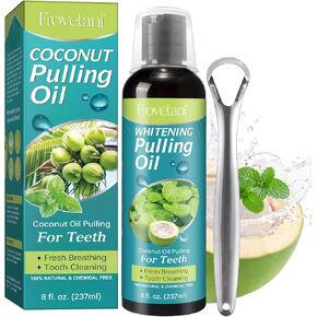 Coconut Oil Pulling for Teeth Whitening, All Natural Oil Pulling Mouthwash with Tongue Scraper and Measuring Cup, Alcohol-Free Oil Pulling for Gums, Oral Care, Help Fresh Breath 237ML