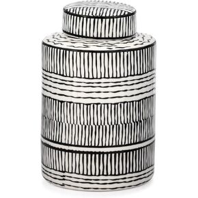 Torre & Tagus Takara Black and White Ginger Jar Vase with Lid - 8" Tall Modern Vase for Flowers as Room Decor - Classic Handmade Home Decor for Storage & Table Centerpiece Display with Lattice Artwork