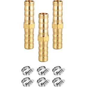 Hose Barb Fitting 3/4" Hose ID,Hex Union Brass Fitting Water/Fuel/Air with 6 Stainless Steel Clamps(Pack of 3)