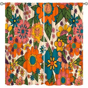 Retro 70s Floral Curtains Hippie Spring Groovy Flower Power Flower Boho Print Suitable for Home Bedroom Window Drapes Abstract Aesthetics Decoration 42x63 Inch Decor