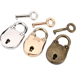 3Pcs Antique Padlock, Skeleton Key, Silver + Gold + Bronze Metal Padlock, Mini Archaize Lock with Key