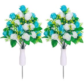 Lodou Artificial Cemetery Flowers,Grave Flowers, Grave Decorations Roses,Graveyard Memorial Flowers with Cemetery Vase for Grave Arrangements (2, Red & Pink)