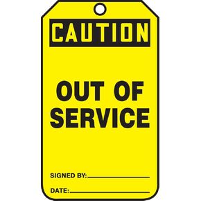 Accuform MDT652PTM RP-Plastic Safety Tag, Legend "Caution Out of Service", 5.75" Length x 3.25" Width x 0.015" Thickness, Black on Yellow (Pack of 5)