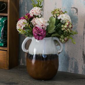 White to Brown Gradient Ceramic Vase with 2 Handles, Modern Farmhouse Vase for Home Decor, Rustic Decorative Pottery Vase, Small Centerpiece for Dining Table - 7 Inch Tall