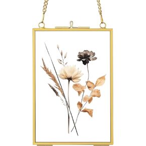 8x10 Gold Floating Picture Frames, Double Glass Hanging Frame for Pressed Flower, Vintage Brass Photo Frame with Metal Chain for Wall Mount, Large Vertical Clear Frame for Artwork Display Gallery Home