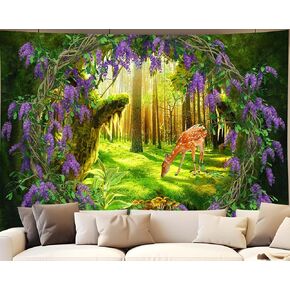 QGHOT Forest Wall Tapestry, Nature Enchanted Forest Backdrop Fantasy Garden Wall Hanging Woodland Deer Wisteria Fairy Landscape Tapestries for Bedroom Kids Room Dorm Wall Art Decor 59.1"x51.2"