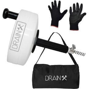 DrainX Drain Auger Pro | Heavy Duty Steel Drum Plumbing Snake with 25-Ft Drain Cleaning Cable | Comes with Work Gloves and Storage Bag