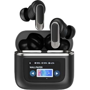 MANHA Top V8 – Intelligent True Noise Cancelling Wireless Bluetooth 5.3 Earbuds with Premium Smart LED Touch Screen Display – Excellent Sound Quality with 24H Playback– IPX7 Waterproof - USB C (Black)