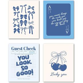 LiTiu Preppy Coquette Room Decor, Posters for Room Aesthetic Set of 4, Blue Lucky Cherry Bow Guest Cheek Coquette Wall Decor Posters for Girls Bedroom Dorm, 8x10 in Poster (Unframed)