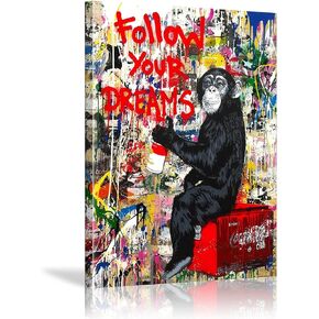 Framed Banksy Canvas Wall Art Monkey Pop Street Graffiti Wall Art Decor Cool Poster Paintings Colorful for Men Ready To Hang for Living Room Bedroom Home Bathroom Wall Decor 12x16in