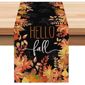 ARKENY Hello Fall Thanksgiving Table Runner 13x48 Inches,Maple Leaves,Seasonal Burlap Black Farmhouse Indoor Outdoor Table Autumn Runner for Home AT445-48 in Kuwait