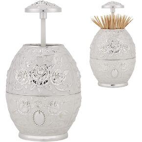Toothpick Dispenser, Toothpick Holder Dispenser, Portable Toothpick Holder for Desk Office(Silver silver flower)