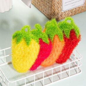 Strawberry Shape Acrylic Dish/Pot Scrubbers for Dish Washing, Cute Colorful Dish Sponge No Odor Kitchen Sponge Net Dish Cloths, 4 Pack