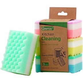 Pack of 3 Kitchen Sponges Scrub Pad 3 Layered Sponge Dish Washing Scrub Kitchen Cleaning Tool Each Pack Including Random 3 Colors Each Sponge with Soft Side and Another Rough Side Kitchen Improvement