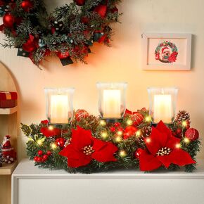 Sliner Christmas Poinsettia Candle Holder Centerpiece, Christmas Centerpieces for Tables Christmas Tealight Candle Holders Christmas Glass Candle Holders Romantic Holiday Candelabrum for Table Mantel in Saudi Arabia