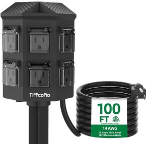 Outdoor Power Strip with Stake, 100 FT Extension Cord, 6 Grounded Outlets for Outdoor Decorations, 14 AWG, 15A/1875W, ETL Listed
