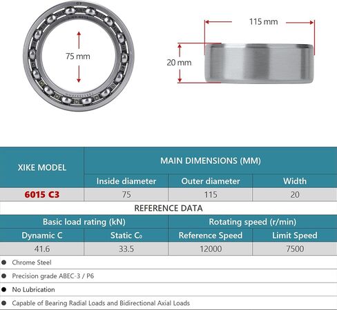 XiKe 6015-C3 محمل كروي ذو أخدود عميق 75x115x20 مم، مفتوح، محمل كروي، حزمة من قطعة واحدة in Saudi Arabia